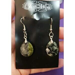 Natural Black Marbled Stone Dangle Earrings Teardrop Shape, Silver Tone, New